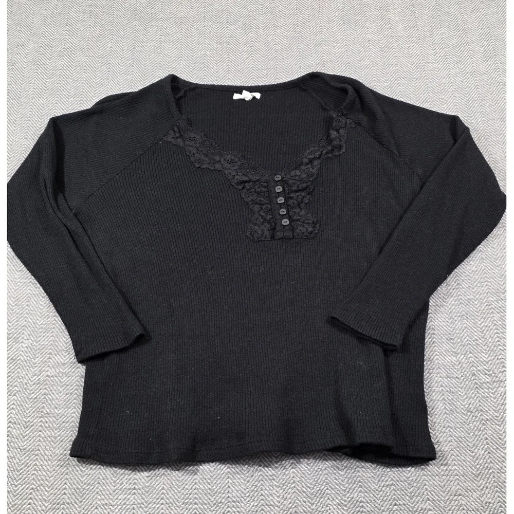 Maurices Black Lace Trim Thermal Henley Long Sleeve Top Plus Size 1X Ribbed Knit